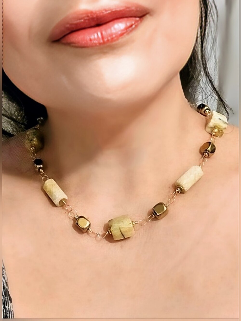 Genuine Honey Jade & Yellow Opal  In Rosary Style  Chunky Gold Plated Necklace​